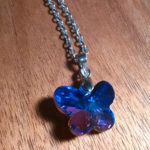 Magic Color Crystal Butterfly Brass Pendant Stainless Steel Necklace - Picture 4 of 16